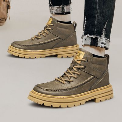 Color: Khaki Height Increasing Insole, Size: 43 - Men&#39;s High-top Martin Outdoor Workwear Boots