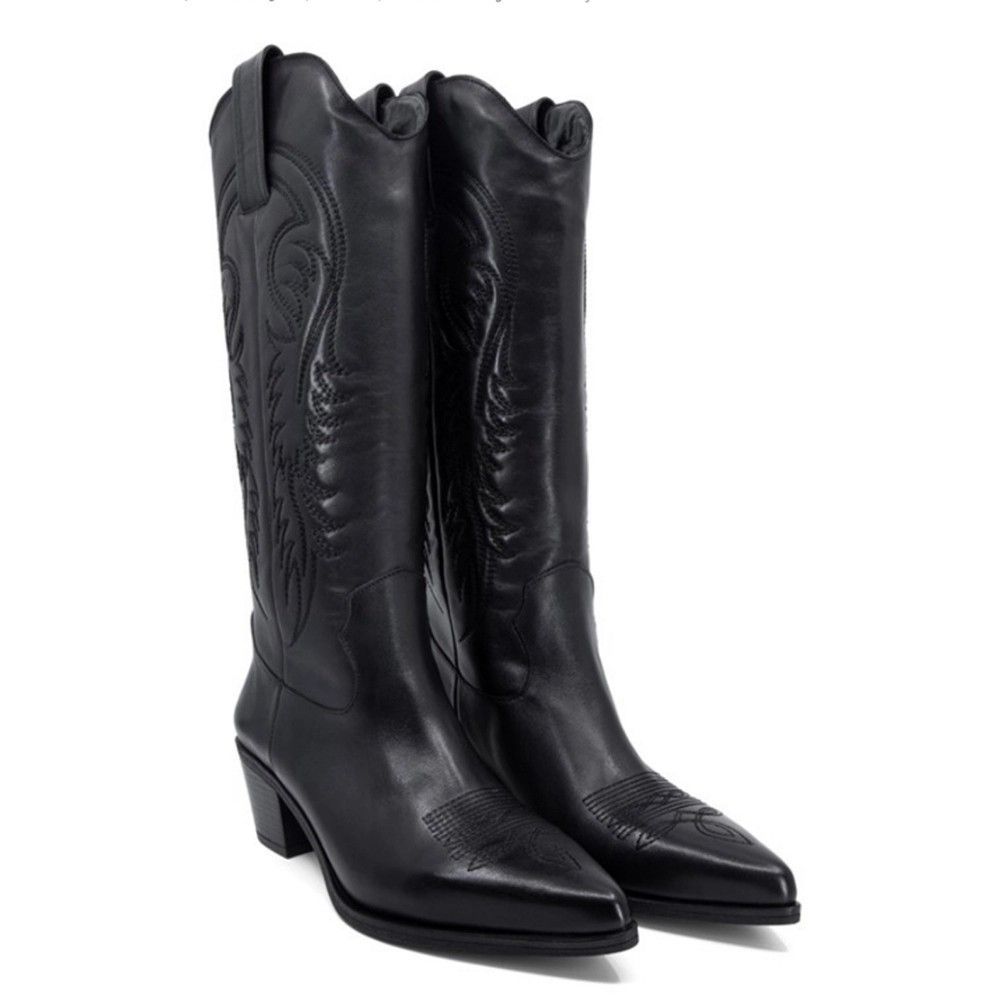 Color: Black Pu, size: 44 - Women&#39;s Pointed Artificial Leather Boots Sleeve Warm Kitten Heels