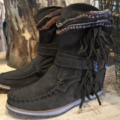 Color: Black, Size: 37 - Solid Color Leather Tassel Women&#39;s Ankle Boots