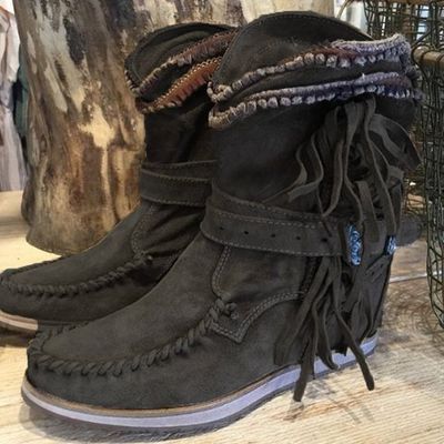 Color: Black, Size: 37 - Solid Color Leather Tassel Women's Ankle Boots