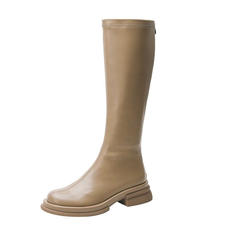 Color: Milk Tea Long Tube, Size: 39 - British Style Round Toe Solid Color Short Boots Women&#39;s Boots Tide
