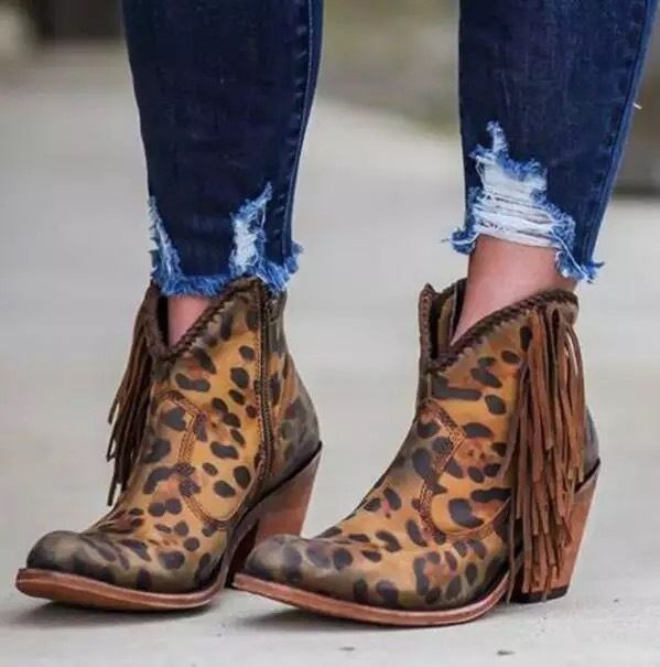 Color: Leopard, Size: 38 - Women&#39;s thick heel short boots