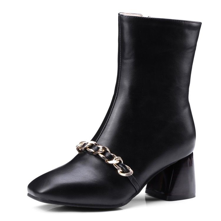 Color: Black, Size: 38 - Women&#39;s thick heel short boots with metal chain decoration