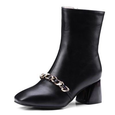 Color: Black, Size: 38 - Women&#39;s thick heel short boots with metal chain decoration