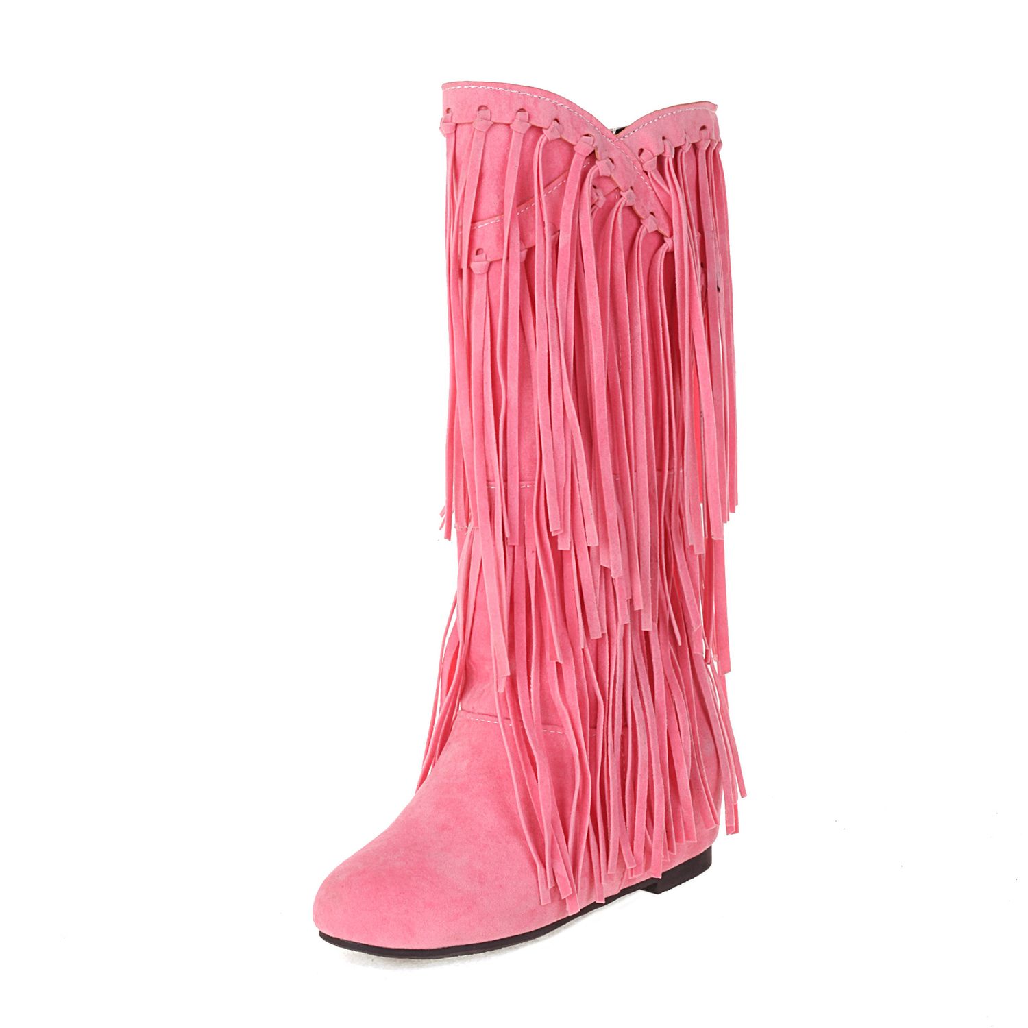 Color: Pink, Size: 36 - Autumn And Winter Tassel Round Toe Invisible Elevated Casual Women&#39;s High Leg Boot