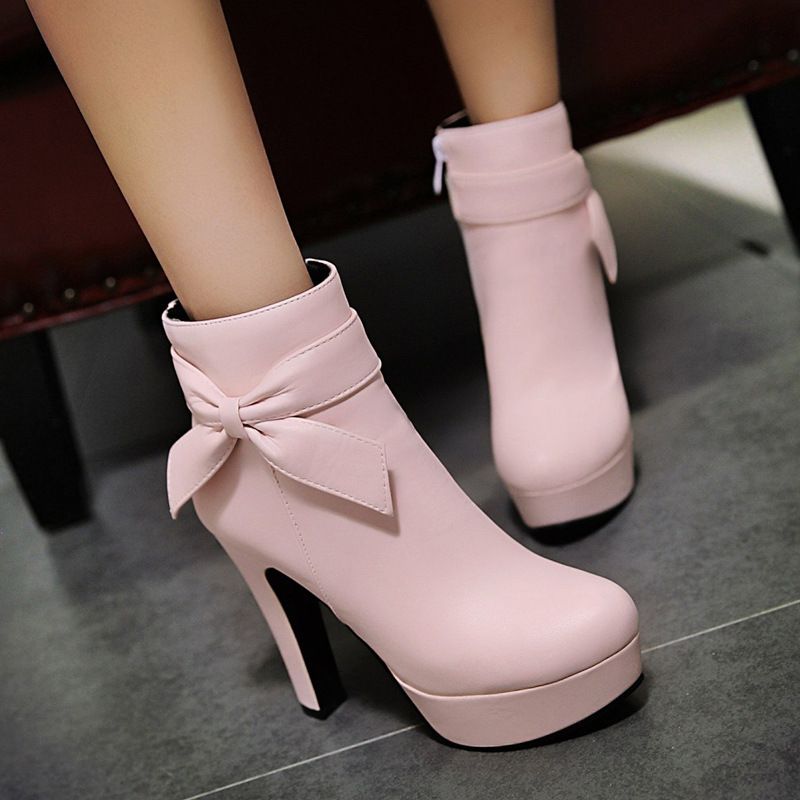 Color: Pink, Size: 43 - Bow thick and high waterproof platform women&#39;s ankle boots