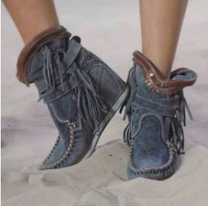 Color: Navy Blue, Size: 40 - Solid Color Leather Tassel Women&#39;s Ankle Boots