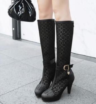Color: Black, Size: 42 - Net boots hollow single boots summer women&#39;s shoes white boots high with high tube large size women&#39;s boots small size boots