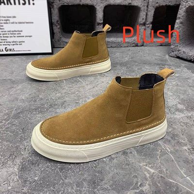 Color: Camel Plus Velvet, Size: 44 - Men&#39;s Casual High Top Chelsea Martin Boots