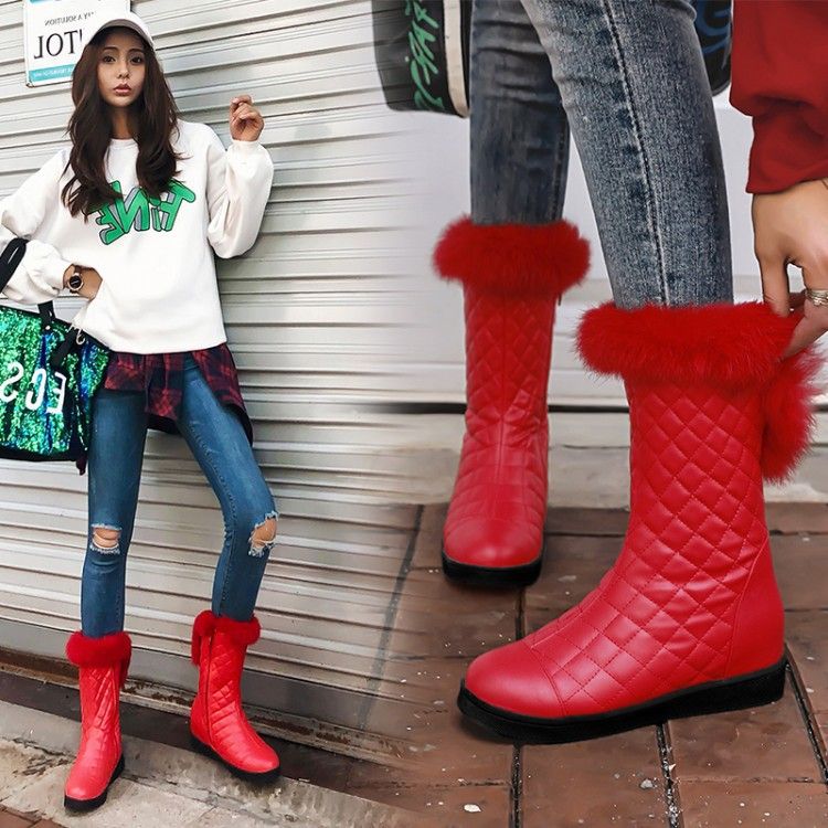 Color: Red, Size: 41 - Medium Tube Round Toe Real Rabbit Fur Women&#39;s Boots