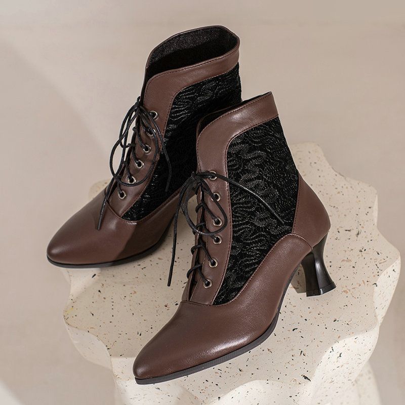 Color: Brown, Size: 42 - Kitten Heel Booties Women&#39;s Autumn And Winter Lace Hollow-out Front Lace-up