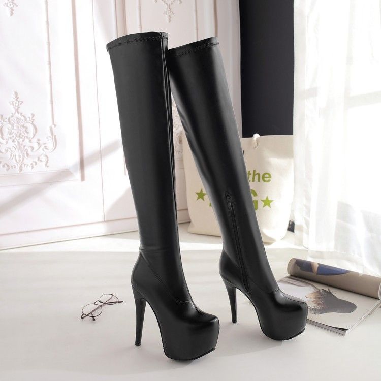 Color: Blackpu, Size: 36 - Autumn And Winter New High-heeled Women&#39;s Nightclub Over-the-knee Boots