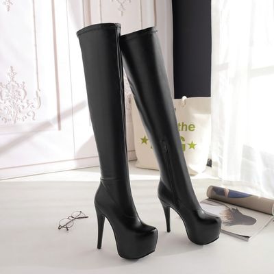 Color: Blackpu, Size: 36 - Autumn And Winter New High-heeled Women&#39;s Nightclub Over-the-knee Boots