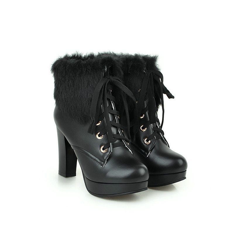 Color: Black, Size: 35 - Martin Boots Round Toe Waterproof Platform High-Heeled Hairy Women&#39;s Boots Sweet