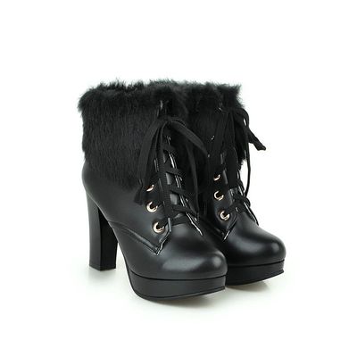 Color: Black, Size: 35 - Martin Boots Round Toe Waterproof Platform High-Heeled Hairy Women&#39;s Boots Sweet