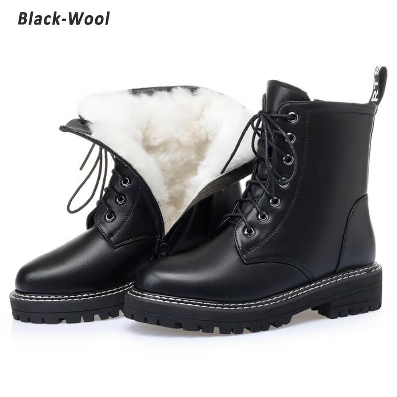 Color: Black wool, Size: 42 - Women&#39;s mid-heel platform leather short boots