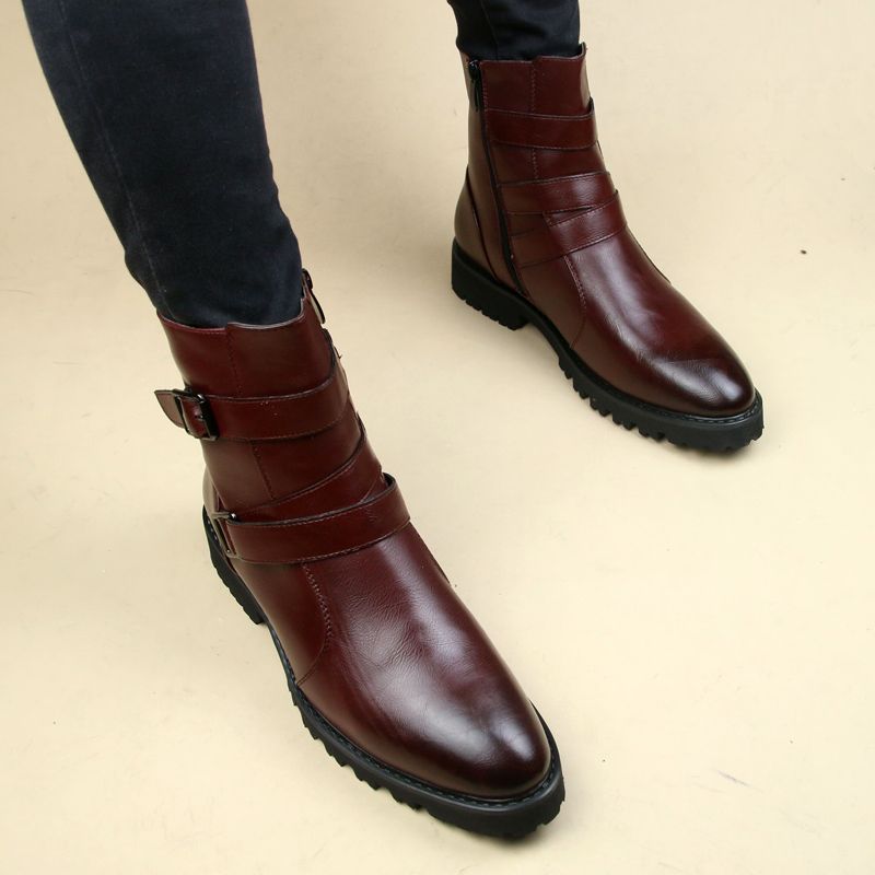 Color: Red plus velvet, Shoe size: 42 - Pointed Martin Boots British Style Leather Boots Men&#39;s Inner Height Boots