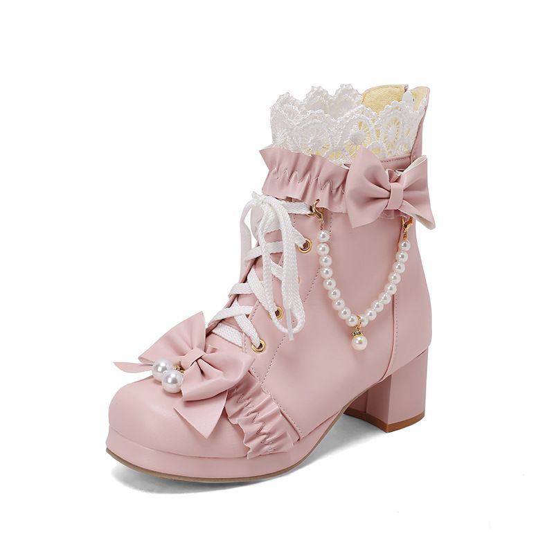 Color: Pink, Size: 44 - Sweet Bow Beaded Women&#39;s Boots