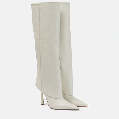 Color: Beige, Size: 34 - Big Tube Circumference Pointed Toe Women's Stiletto Heel Boots