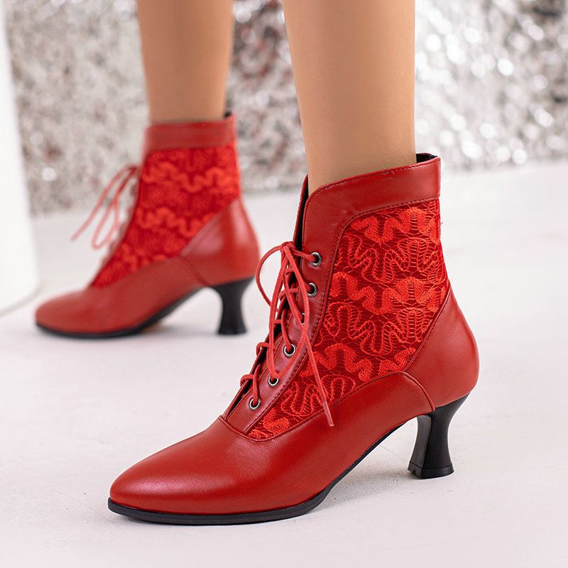 Color: Red, Size: 46 - Kitten Heel Booties Women&#39;s Autumn And Winter Lace Hollow-out Front Lace-up
