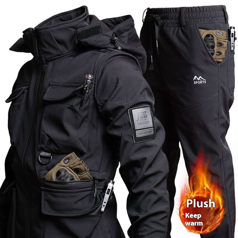 Color: Black Suit, Size: 180 - Jacket Men&#39;s Winter Fleece-lined Thickened Camouflage Top Clothes Suit