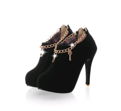 Color: Black, Size: 43 - Elegant waterproof platform metal chain ring neck high heel and ankle boots women&#39;s boots