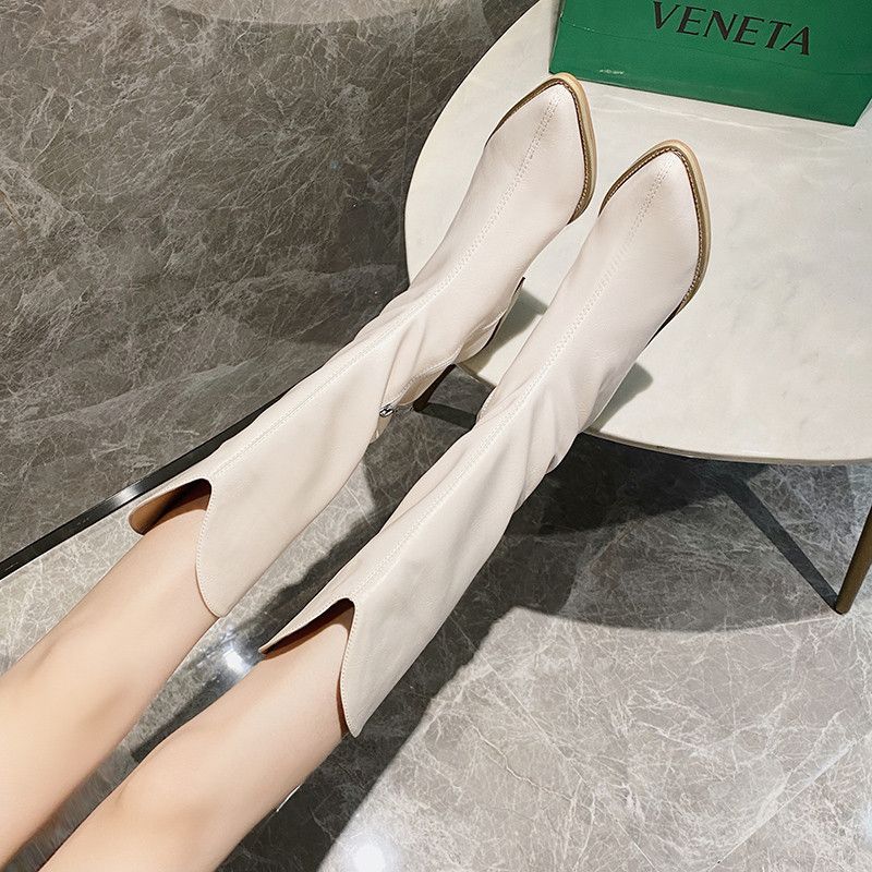 Color: White, Size: 35-Ordinary, style:  - Cowboy Boots Women Retro Long Boots Pointed Toe