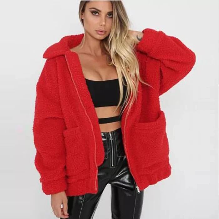Color: Red, Size: M - Faux lambswool oversized jacket coat Winter black warm hairly jacket Women autumn outerwear