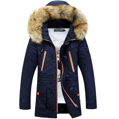 Color: Navy Blue, size: M - 2021 new men&#39;s cotton winter fur collar fashion cotton clothing warm jacket cotton jacket long solid color men&#39;s clothing