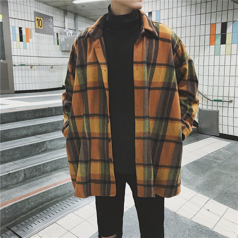 Color: Yellow, Size: M - Winter jacket men&#39;s Korean style trendy woolen cloth Hong Kong style long plaid trench coat autumn and winter men&#39;s woolen coat