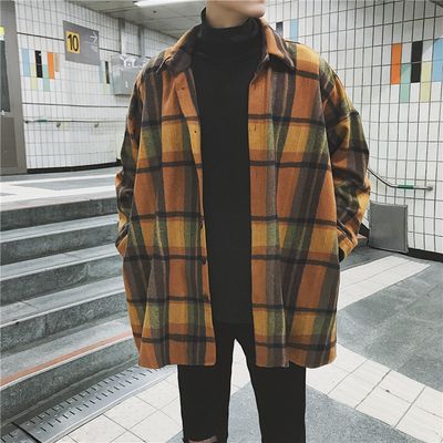Color: Yellow, Size: M - Winter jacket men&#39;s Korean style trendy woolen cloth Hong Kong style long plaid trench coat autumn and winter men&#39;s woolen coat