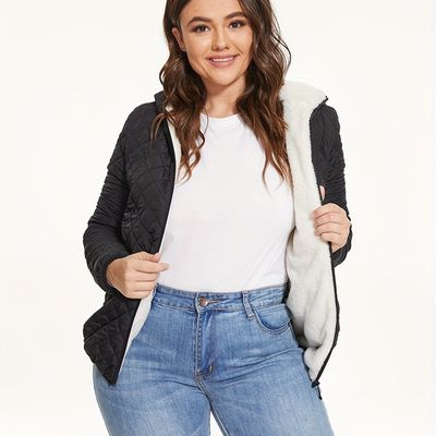 Slant Pockets Thermal Hooded Jacket, Casual Solid Long Sleeve Jacket For Fall &amp; Winter, Women&#39;s Clothing