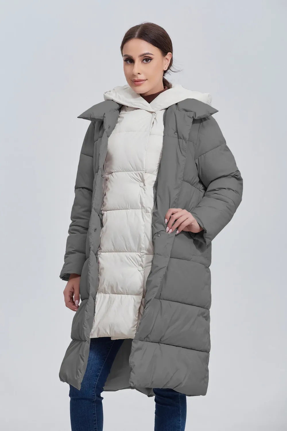 Color: Dark Grey, Size: M - Marwin 2023 Winter Elegant Women&#39;s Cotton Coat Stylish Collar Long Warm Hooded Jacket Female Windproof Parka