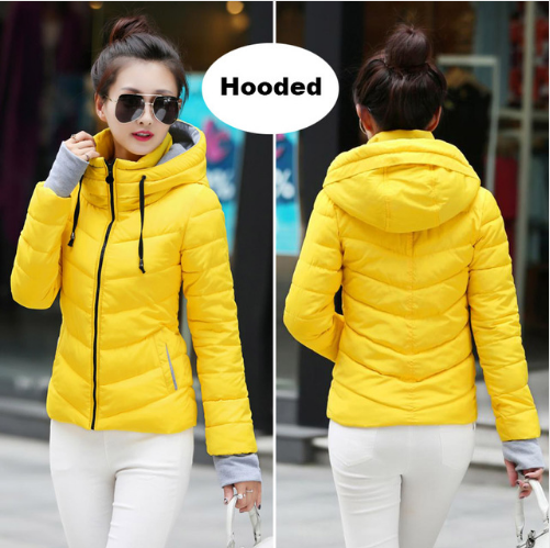 Color: YellowHooded, size: M - European and American cotton women&#39;s short section collar winter ladies cotton jacket slim jacket