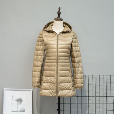 Color: Champagne, Size: 6XL - Autumn And Winter Lightweight Down Jacket Women&#39;s Mid-length Plus Size Hooded Slim Fit Oversized Coat