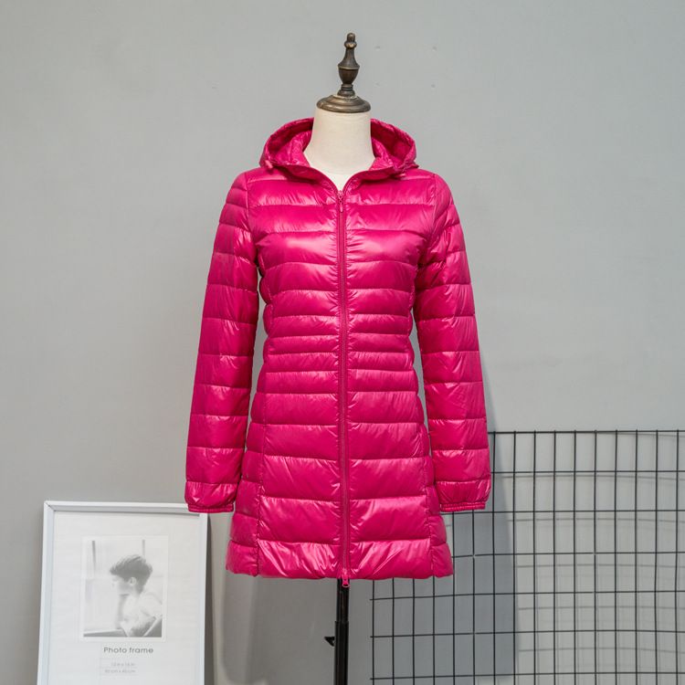 Color: Rose Red, Size: M - Autumn And Winter Lightweight Down Jacket Women&#39;s Mid-length Plus Size Hooded Slim Fit Oversized Coat