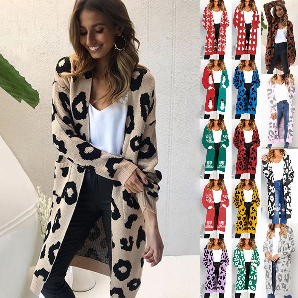 Color: Red and white printing, Size: M - Autumn and winter explosion sweater Leopard cardigan women&#39;s sweater New knit jacket