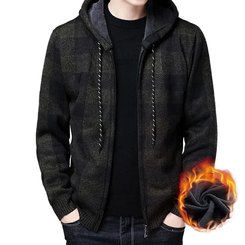 Color: GRAY, Size: M - Winter 2023 New Men&#39;s Fleece Thickened Cardigan Knit Sweater / Male Loose Warm Hooded Add Wool Jacket Coat