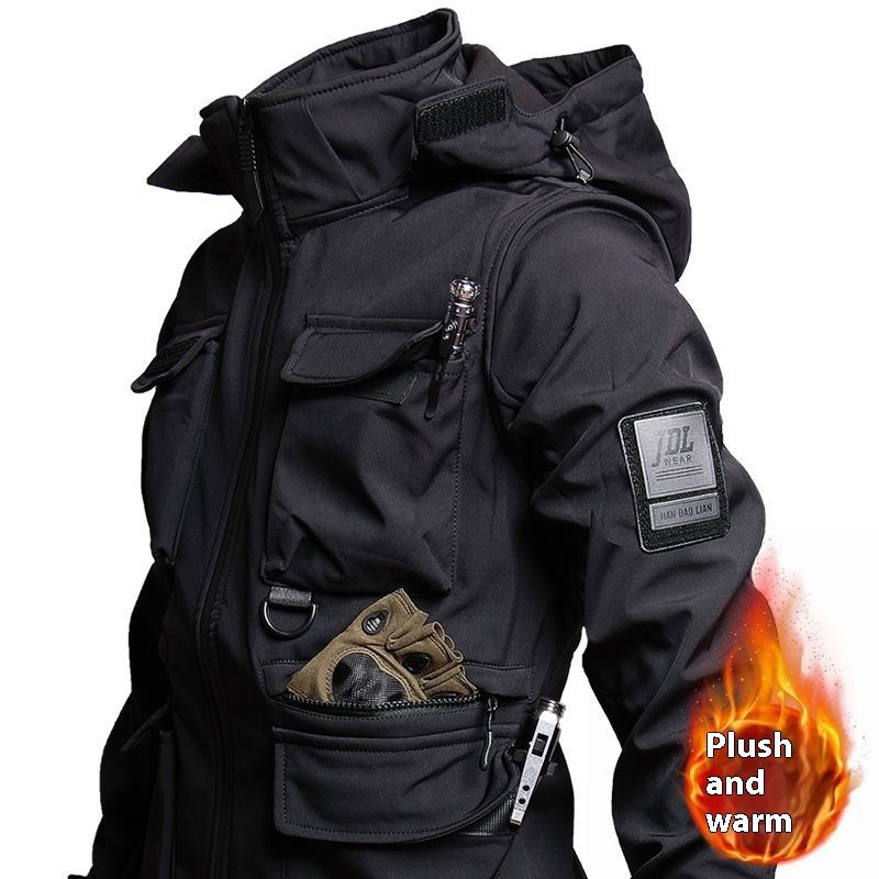 Color: Black Top, Size: 180 - Jacket Men&#39;s Winter Fleece-lined Thickened Camouflage Top Clothes Suit