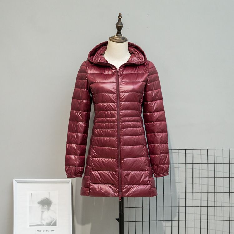 Color: Wine Red, Size: 5XL - Autumn And Winter Lightweight Down Jacket Women&#39;s Mid-length Plus Size Hooded Slim Fit Oversized Coat