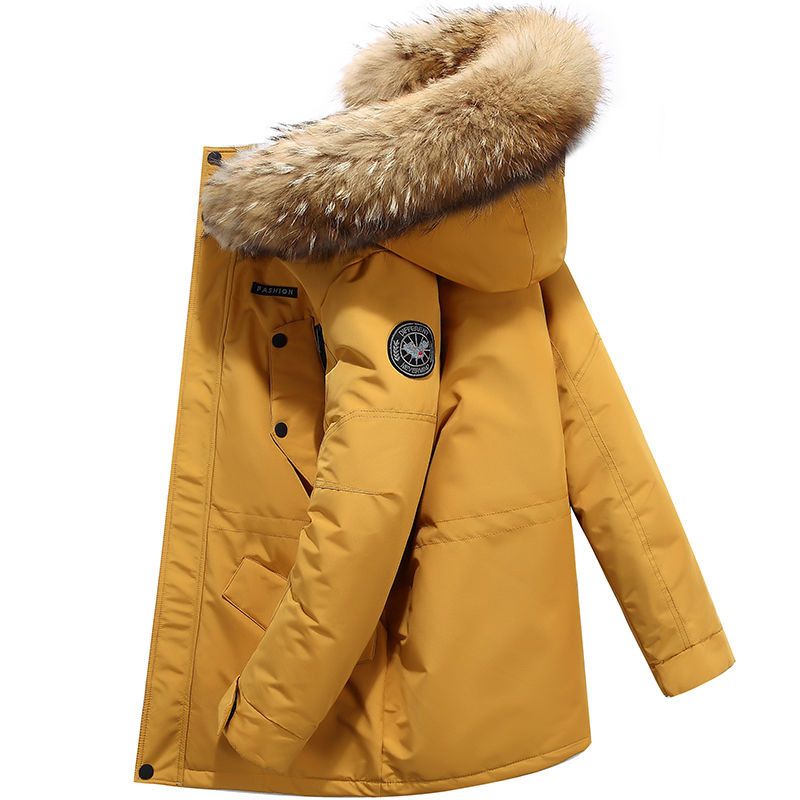 Color: Yellow, Size: XXL - Down Jacket Mid-length Fur Collar Winter Men&#39;s Hooded Winter Clothing