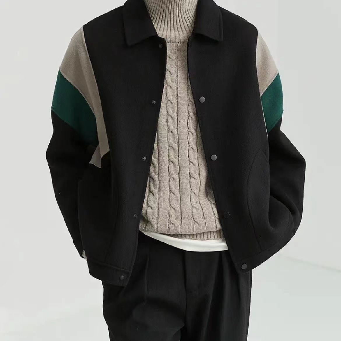 Autumn And Winter Color Contrast Lapel Loose Casual Jacket Men&#39;s Short Coat