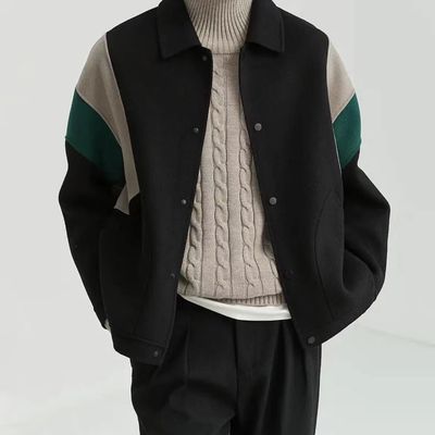 Autumn And Winter Color Contrast Lapel Loose Casual Jacket Men&#39;s Short Coat