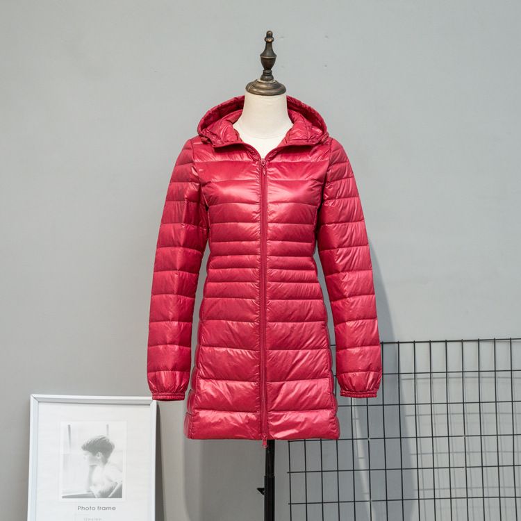 Color: Dark Red, Size: 7XL - Autumn And Winter Lightweight Down Jacket Women&#39;s Mid-length Plus Size Hooded Slim Fit Oversized Coat