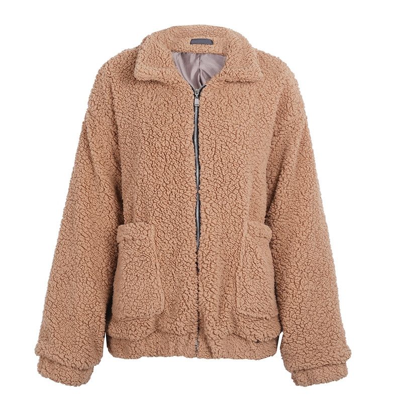 Color: Khaki, Size: 3XL - Faux lambswool oversized jacket coat Winter black warm hairly jacket Women autumn outerwear