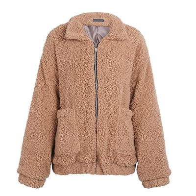 Color: Khaki, Size: 3XL - Faux lambswool oversized jacket coat Winter black warm hairly jacket Women autumn outerwear