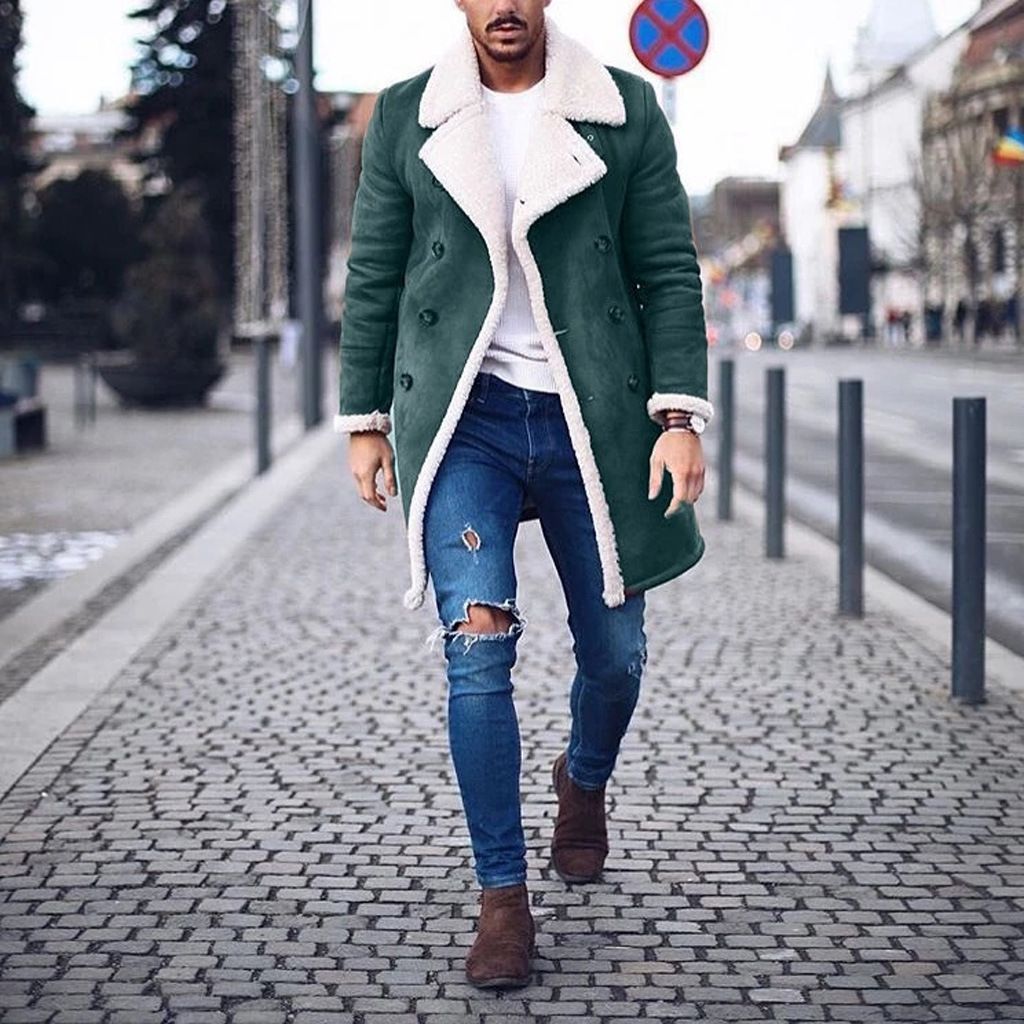 Color: Green, Size: L - Fashion Men&#39;s Winter Warm Coat Solid Color Long Sleeve Trench Jackets