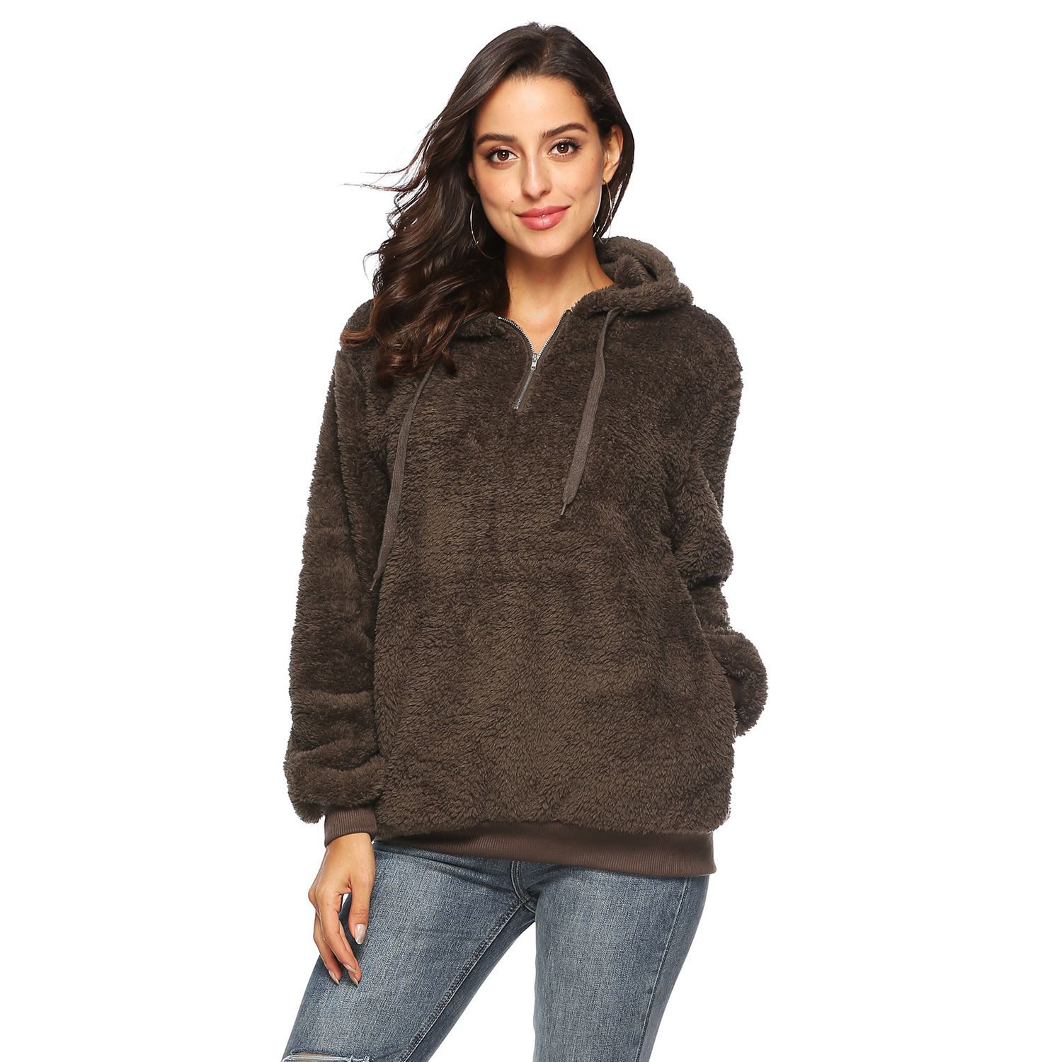 Autumn and Winter Women&#39;s Solid Color Hooded Long-sleeved Jacket Plus Velvet Casual Large Size Hoodie
