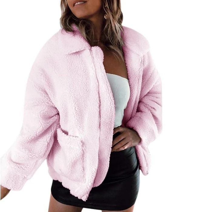 Color: Pink, Size: 2XL - Faux lambswool oversized jacket coat Winter black warm hairly jacket Women autumn outerwear