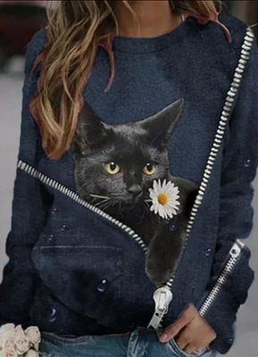 Autumn and winter women&#39;s new style jacket cartoon cat print casual round neck blouse